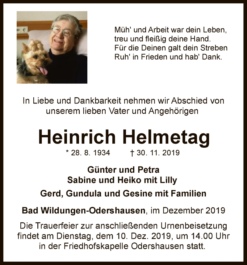  Traueranzeige für Heinrich Helmetag vom 07.12.2019 aus WLZ