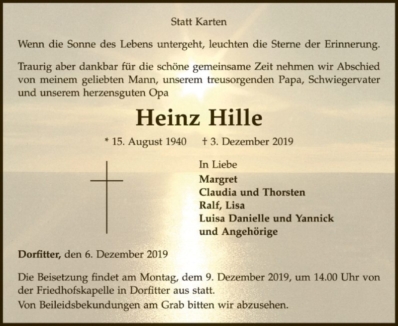  Traueranzeige für Heinz Hille vom 06.12.2019 aus WLZ