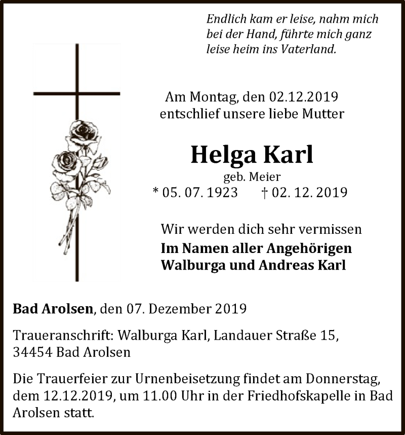  Traueranzeige für Helga Karl vom 07.12.2019 aus WLZ