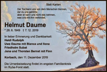 Traueranzeige von Helmut Daume von WLZ