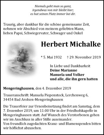 Traueranzeige von Herbert Michalke von WLZ