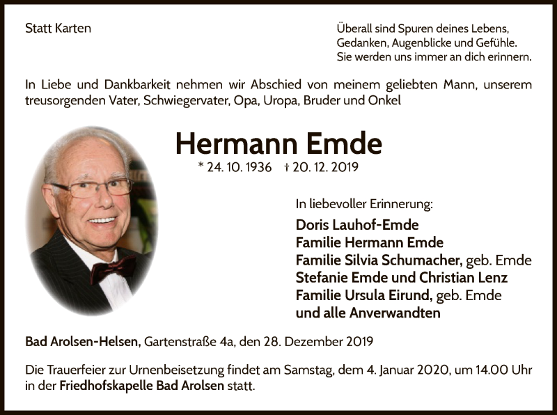  Traueranzeige für Hermann Emde vom 28.12.2019 aus WLZ