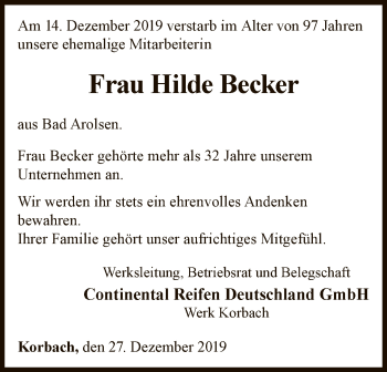 Traueranzeige von Hilde Becker von WLZ