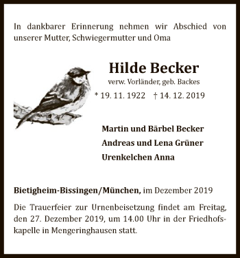 Traueranzeige von Hilde Becker von WLZ