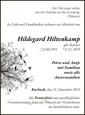 Traueranzeige von Hildegard Hiltenkamp von WLZ