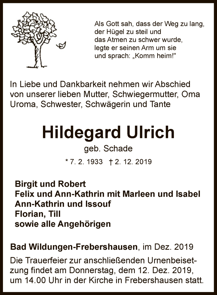  Traueranzeige für Hildegard Ulrich vom 07.12.2019 aus WLZ
