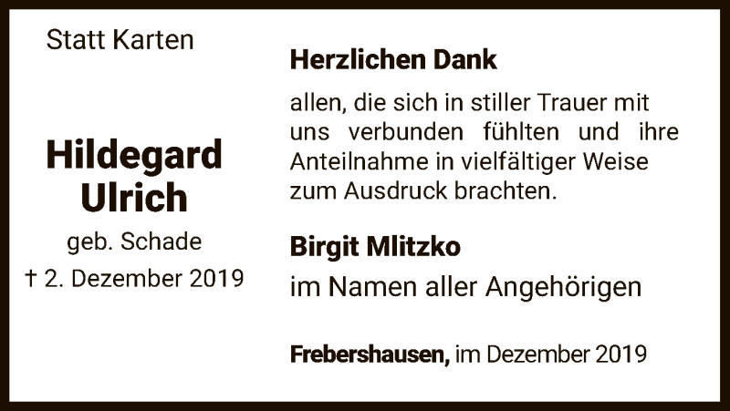  Traueranzeige für Hildegard Ulrich vom 28.12.2019 aus WLZ