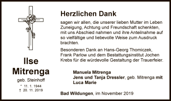 Traueranzeige von Ilse Mitrenga von WLZ