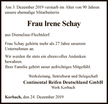 Traueranzeige von Irene Schay von WLZ