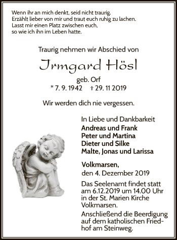 Traueranzeige von Irmgard Hösl von WLZ