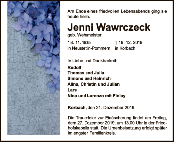 Traueranzeige von Jenni Wawrczeck von WLZ