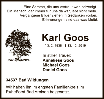 Traueranzeige von Karl Goos von WLZ