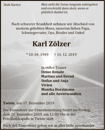 Traueranzeige von Karl Zölzer von WLZ