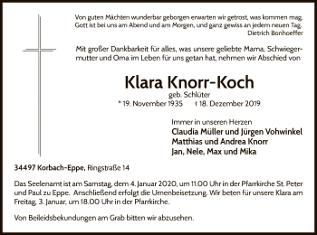Traueranzeige von Klara Knorr-Koch von WLZ
