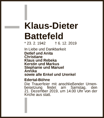 Traueranzeige von Klaus-Dieter Battefeld von WLZ