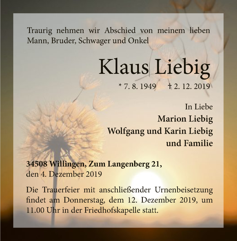  Traueranzeige für Klaus Liebig vom 04.12.2019 aus WLZ