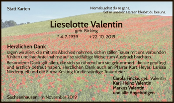 Traueranzeige von Lieselotte Valentin von WLZ