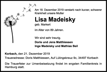 Traueranzeige von Lisa Madeisky von WLZ
