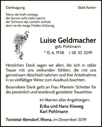 Traueranzeige von Luise Geldmacher von WLZ