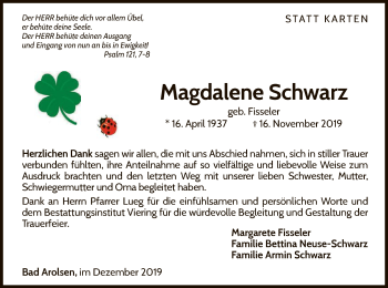 Traueranzeige von Magdalene Schwarz von WLZ