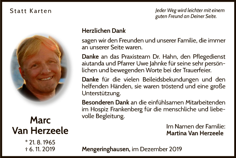  Traueranzeige für Marc Van Herzeele vom 21.12.2019 aus WLZ