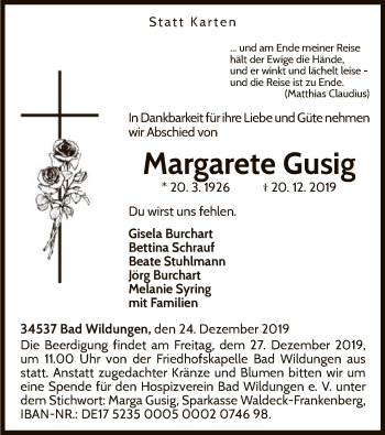 Traueranzeige von Margarete Gusig von WLZ