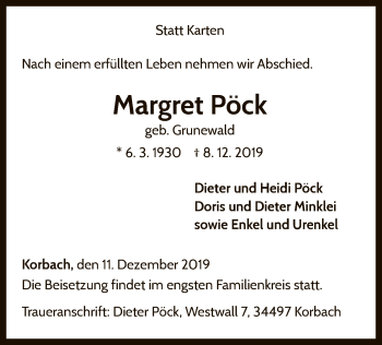 Traueranzeige von Margret Pöck von WLZ