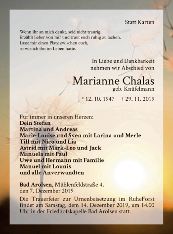 Traueranzeige von Marianne Chalas von WLZ