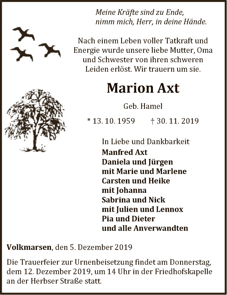  Traueranzeige für Marion Axt vom 05.12.2019 aus WLZ