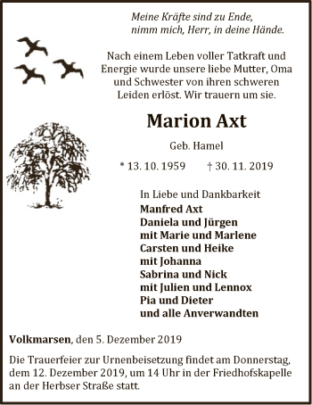Traueranzeige von Marion Axt von WLZ