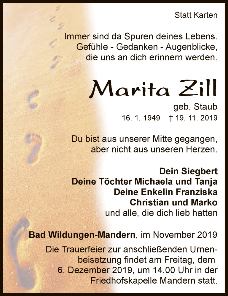  Traueranzeige für Marita Zill vom 30.11.2019 aus WLZ