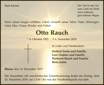 Traueranzeige von Otto Rauch von WLZ