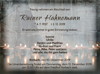 Traueranzeige von Rainer Hahnemann von WLZ