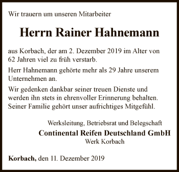 Traueranzeige von Rainer Hahnemann von WLZ