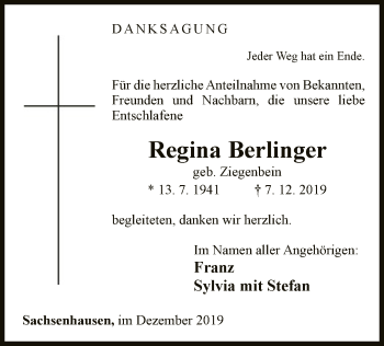 Traueranzeige von Regina Berlinger von WLZ