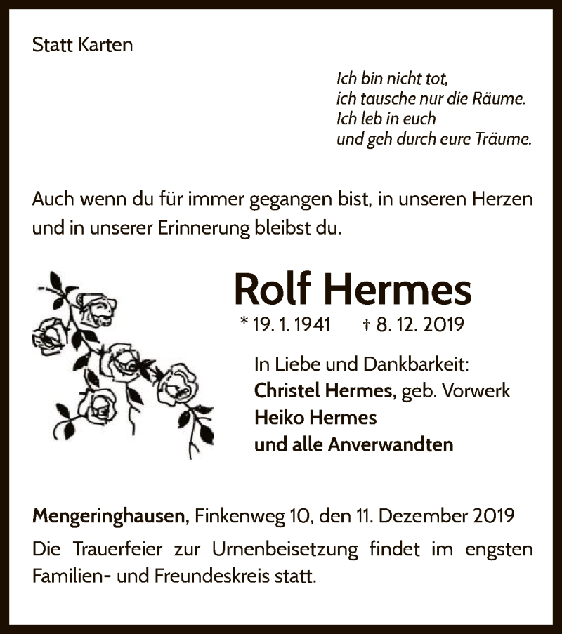  Traueranzeige für Rolf Hermes vom 11.12.2019 aus WLZ