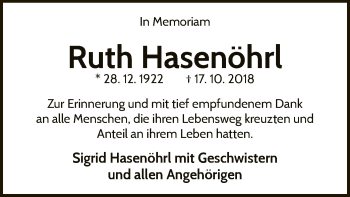 Traueranzeige von Ruth Hasenöhrl von WLZ