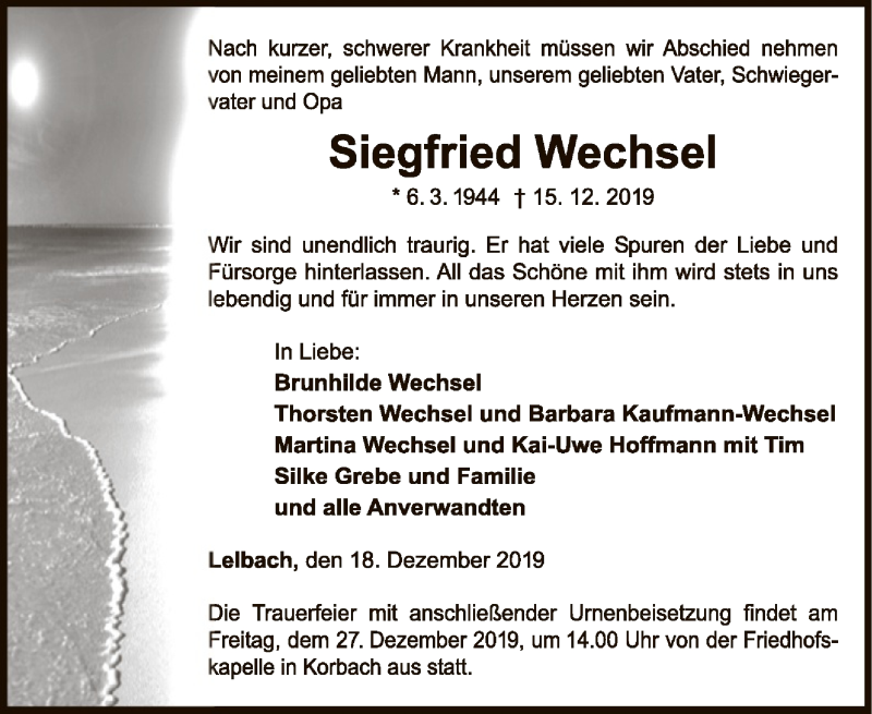  Traueranzeige für Siegfried Wechsel vom 18.12.2019 aus WLZ