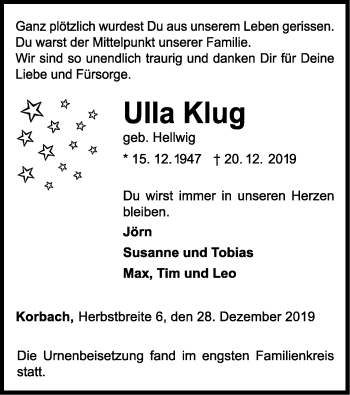 Traueranzeige von Ulla Klug von WLZ