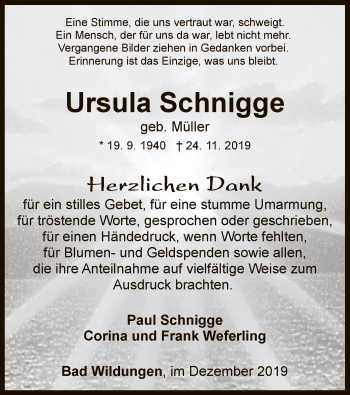 Traueranzeige von Ursula Schnigge von WLZ