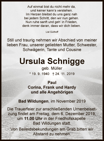 Traueranzeige von Ursula Schnigge von WLZ