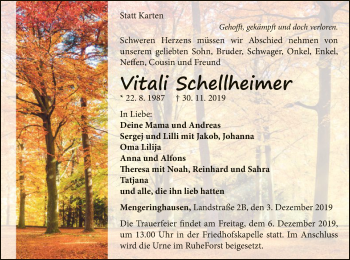 Traueranzeige von Vitali Schellheimer von WLZ