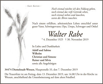 Traueranzeige von Walter Rabe von WLZ