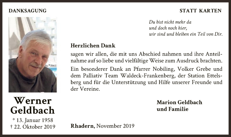  Traueranzeige für Werner Geldbach vom 30.11.2019 aus WLZ