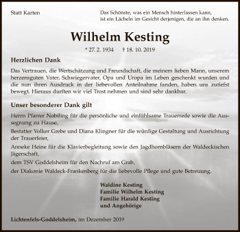Traueranzeige von Wilhelm Kesting von WLZ