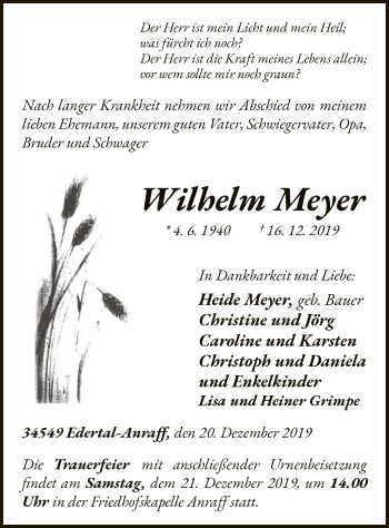 Traueranzeige von Wilhelm Meyer von WLZ