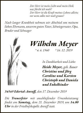 Traueranzeige von Wilhelm Meyer von WLZ