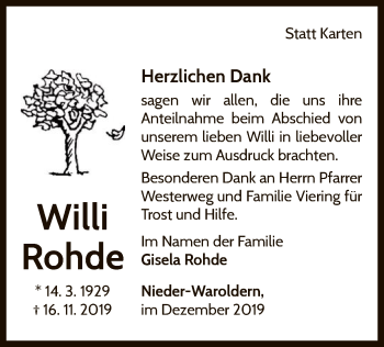 Traueranzeige von Willi Rohde von WLZ
