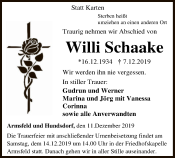 Traueranzeige von Willi Schaake von WLZ