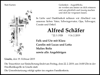 Traueranzeige von Alfred Schäfer von WLZ